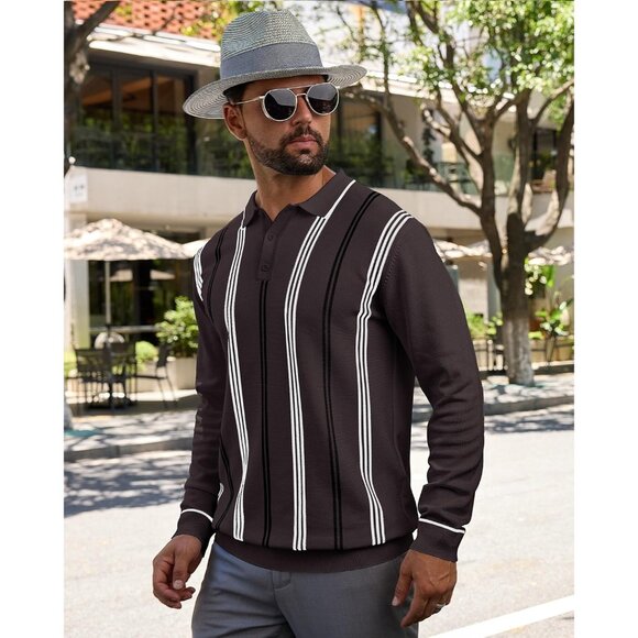 Men's Knit Polo Sweater Long Sleeve Striped Thermal Button Collar Sweater Brown - Picture 2 of 7